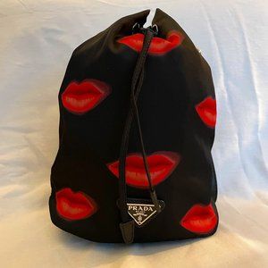 PRADA Tessuto Nylon Saffiano Lips Print Bucket Wristlet